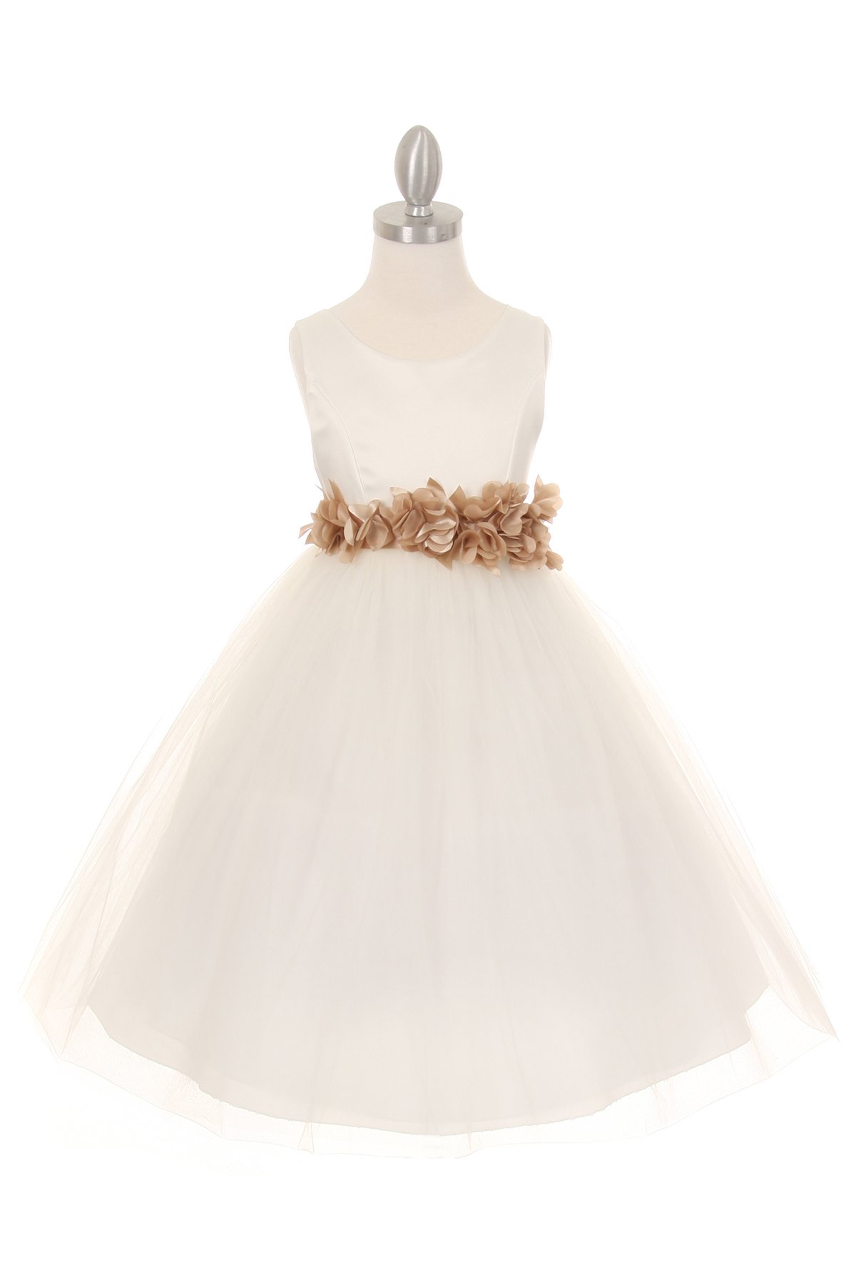 ivory flower girl dress with champagne flower sash